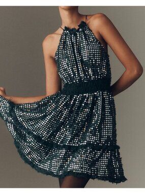 Anthropologie The Somerset Shine Mini Halter Dress In Dark Green Size M